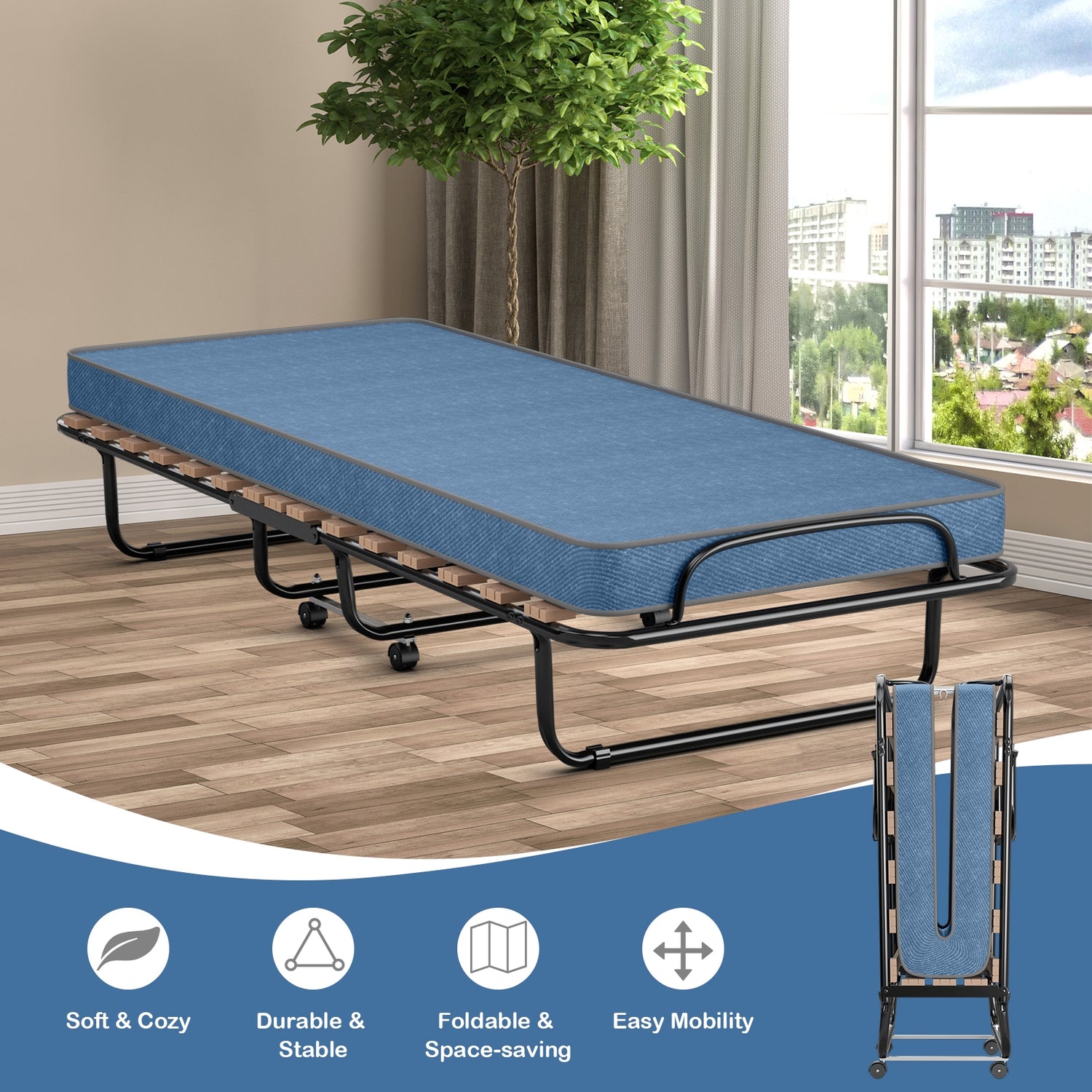 Portable Folding Bed with Memory Foam Mattress and Sturdy Metal Frame Made in Italy