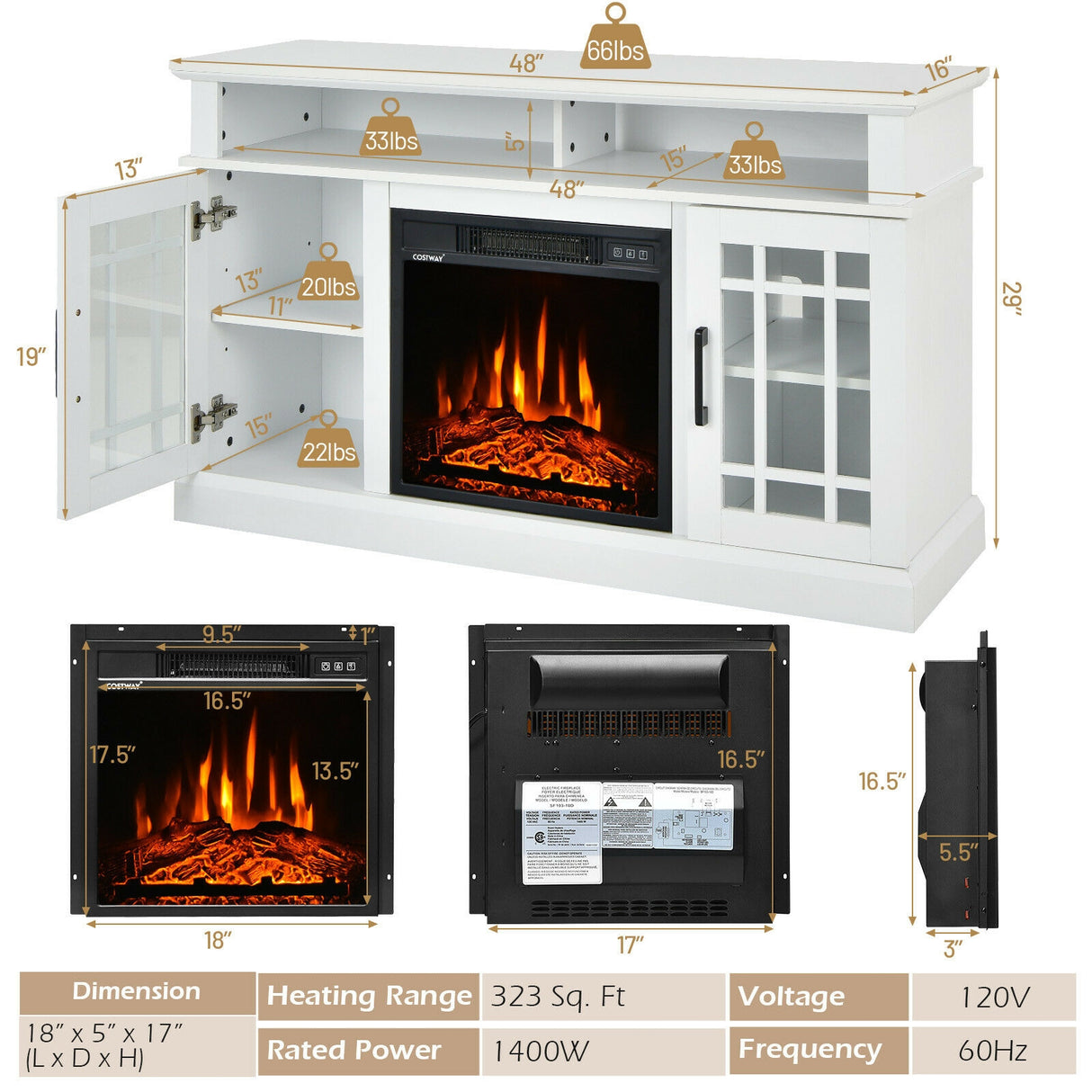 48 Inch Electric Fireplace TV Stand with Cabinets for TVs Up to 55 Inch