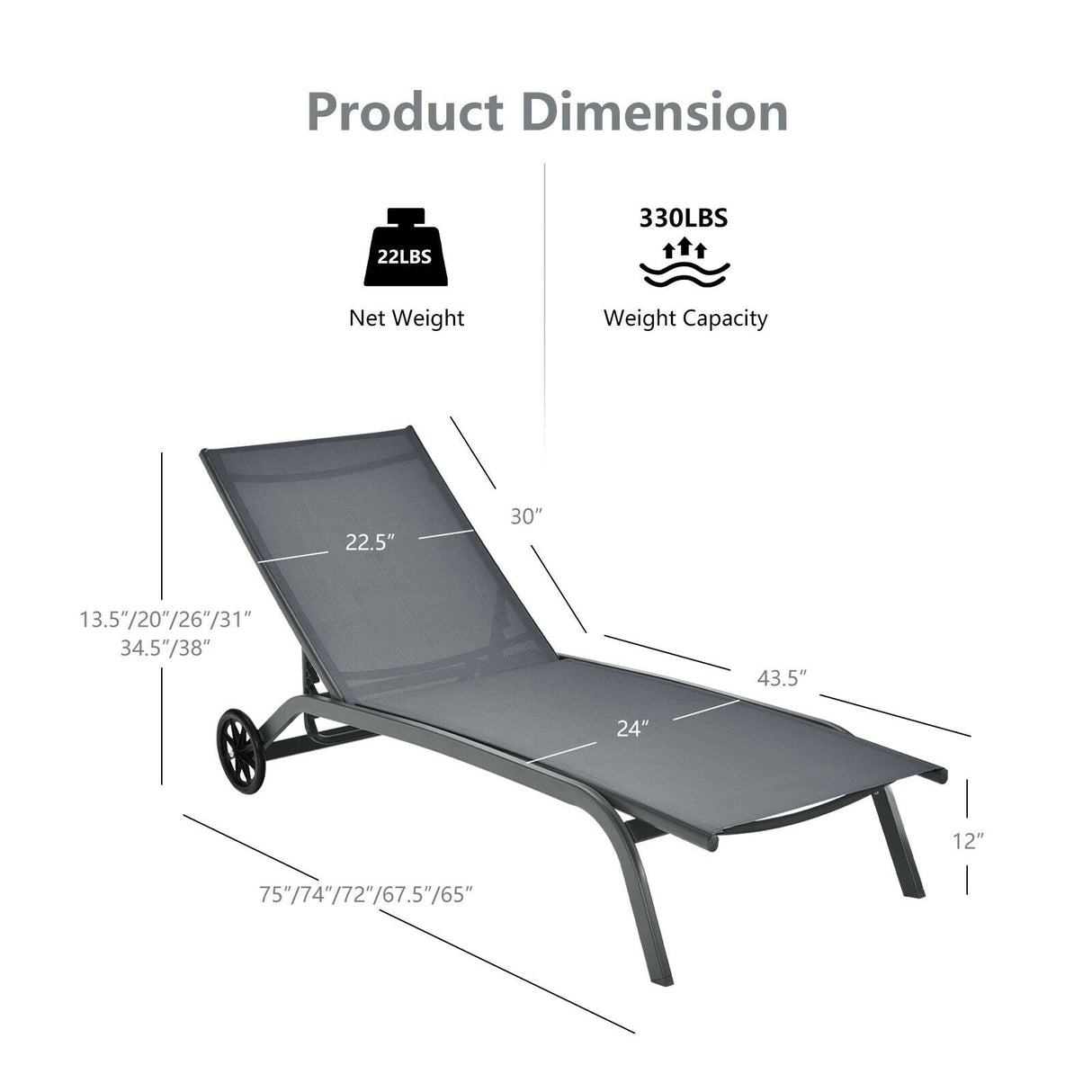 6-Poisition Adjustable Outdoor Chaise Recliner with Wheels