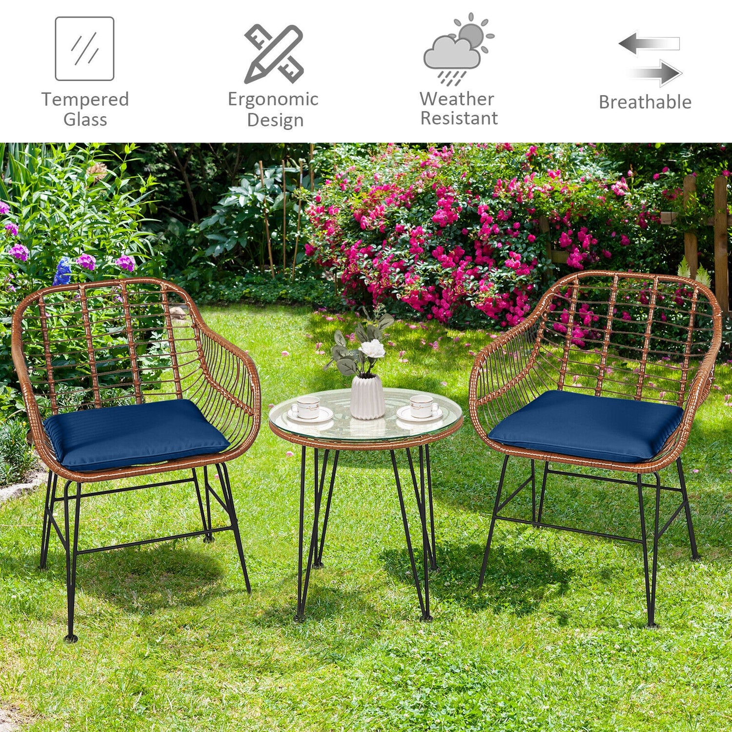 3 Pieces Patio Rattan Bistro Set with Cushion
