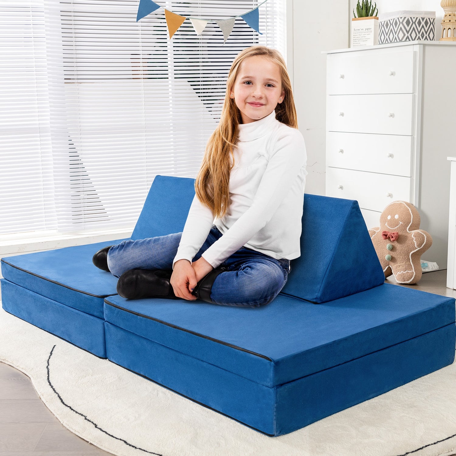 4-Piece Convertible Kids Couch Set with 2 Folding Mats