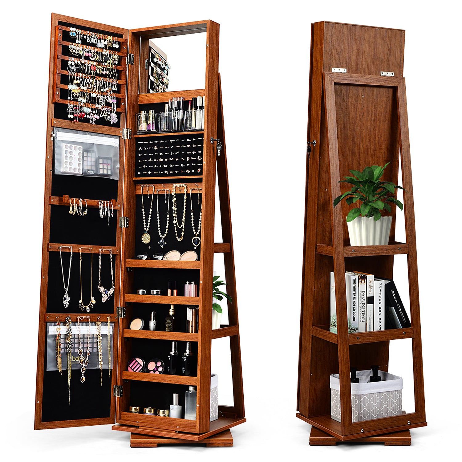 360° Rotatable 2-in-1 Lockable Jewelry Cabinet with Full-Length Mirror