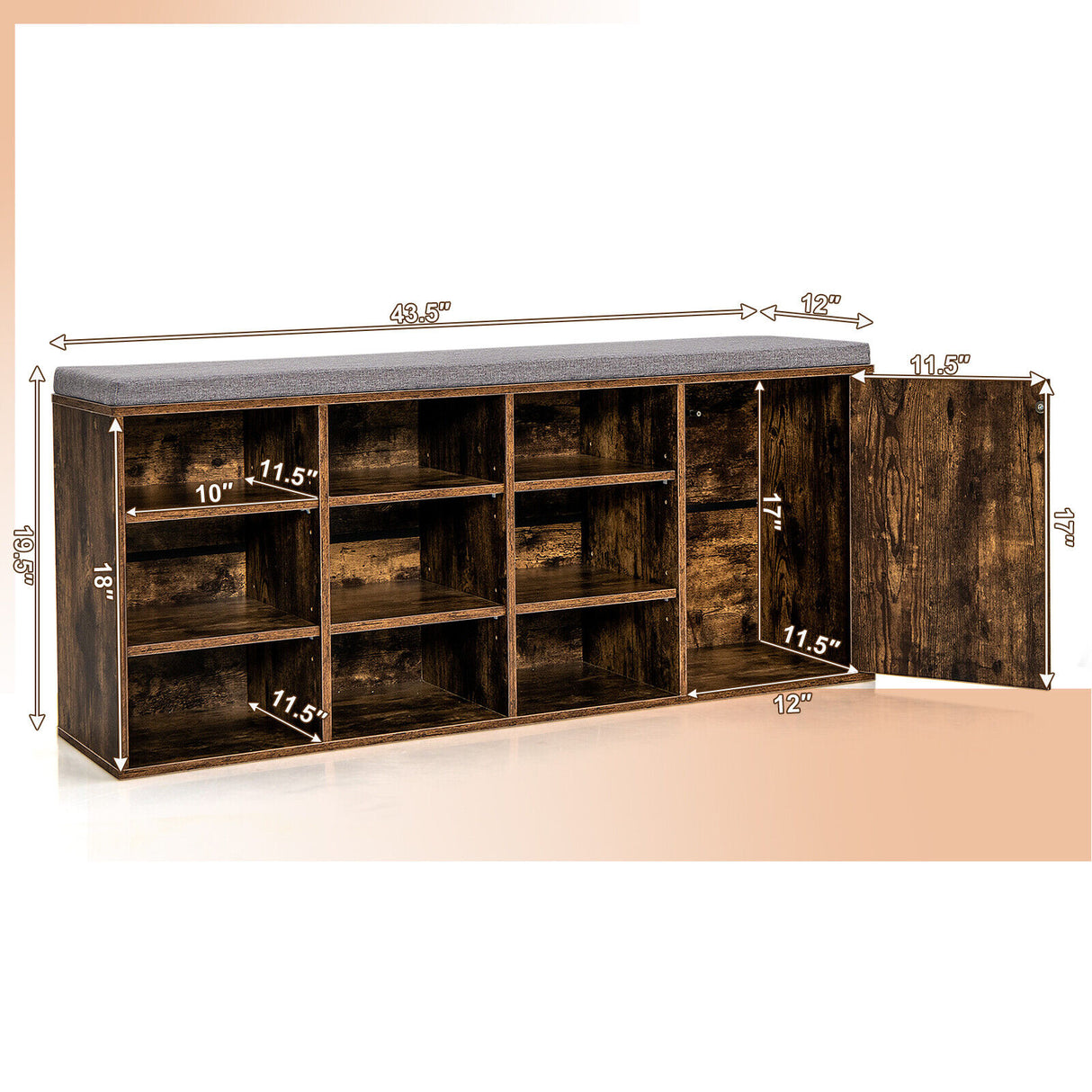 9-cube Adjustable Storage Shoe Bench with Padded Cushion