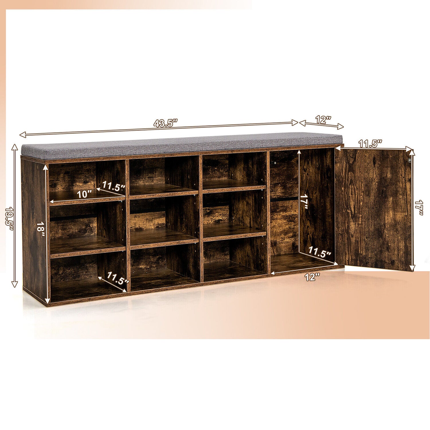 9-cube Adjustable Storage Shoe Bench with Padded Cushion