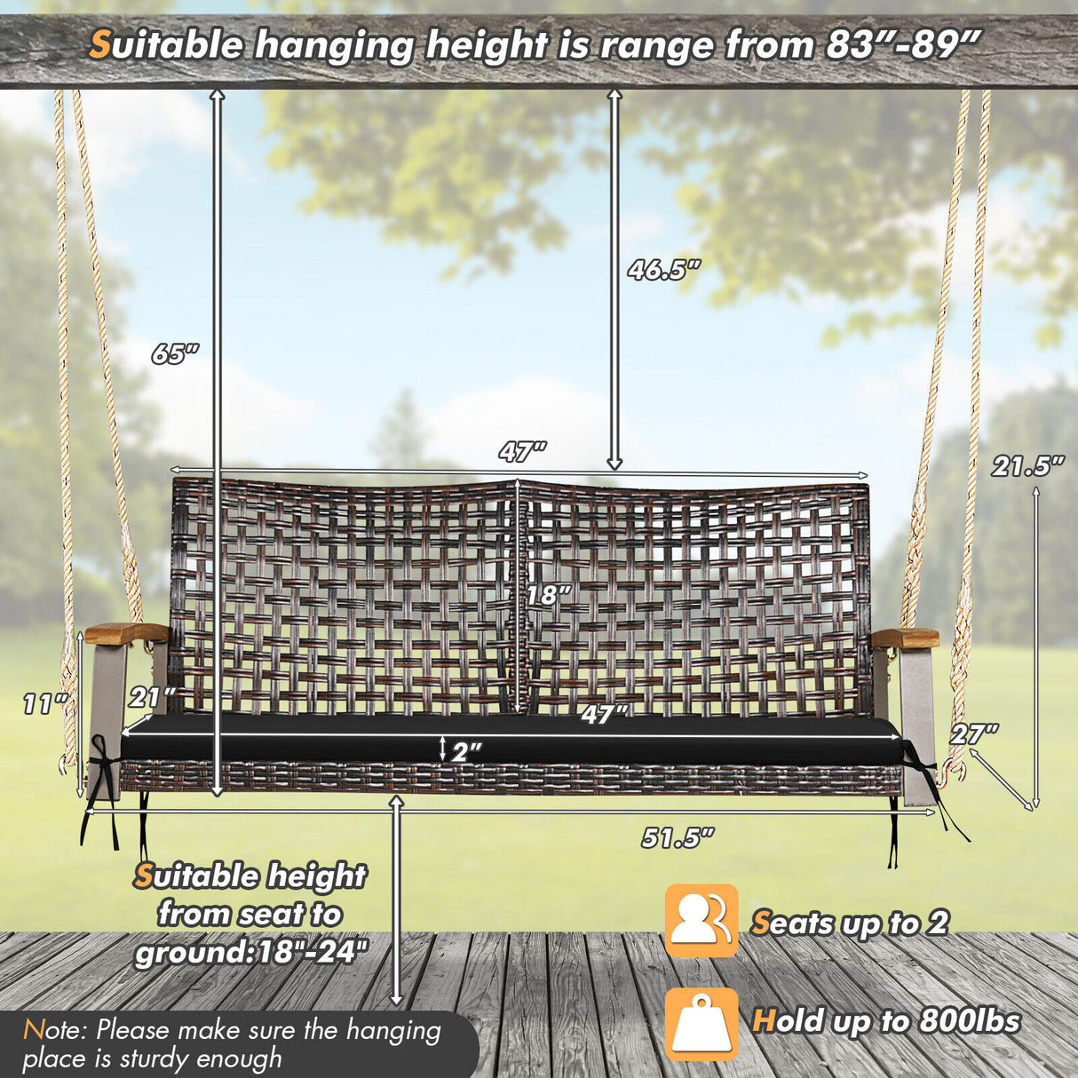2-Person Rattan Hanging Porch Swing Chair