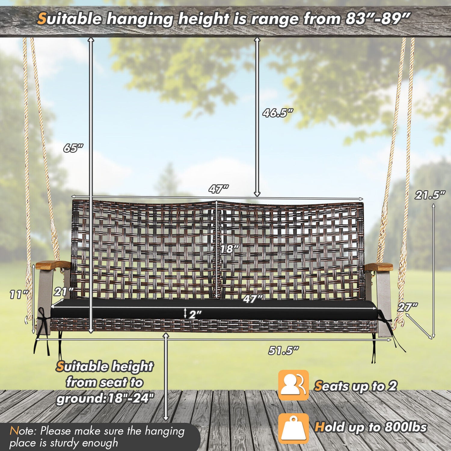 2-Person Rattan Hanging Porch Swing Chair
