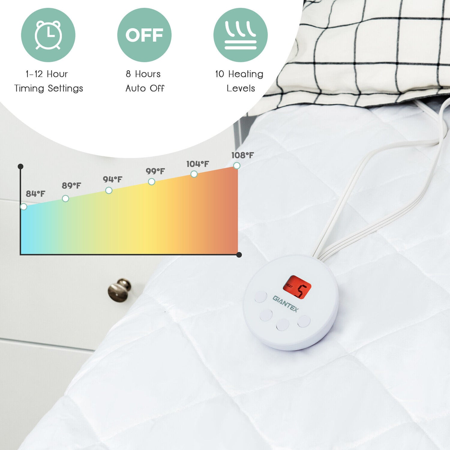 Auto Shut Off Heated Electric Mattress Pad with Dual Controller-Queen Size