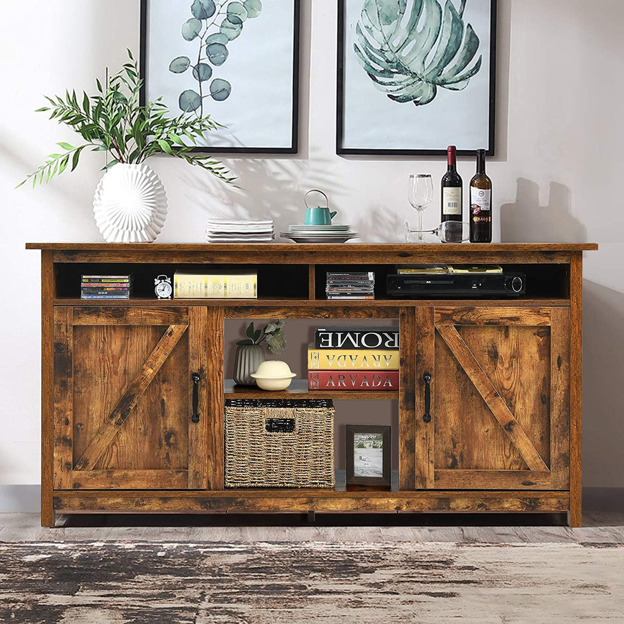 60"Industrial TV Stand Entertainment Center with Shelve and Cabinet-Brown
