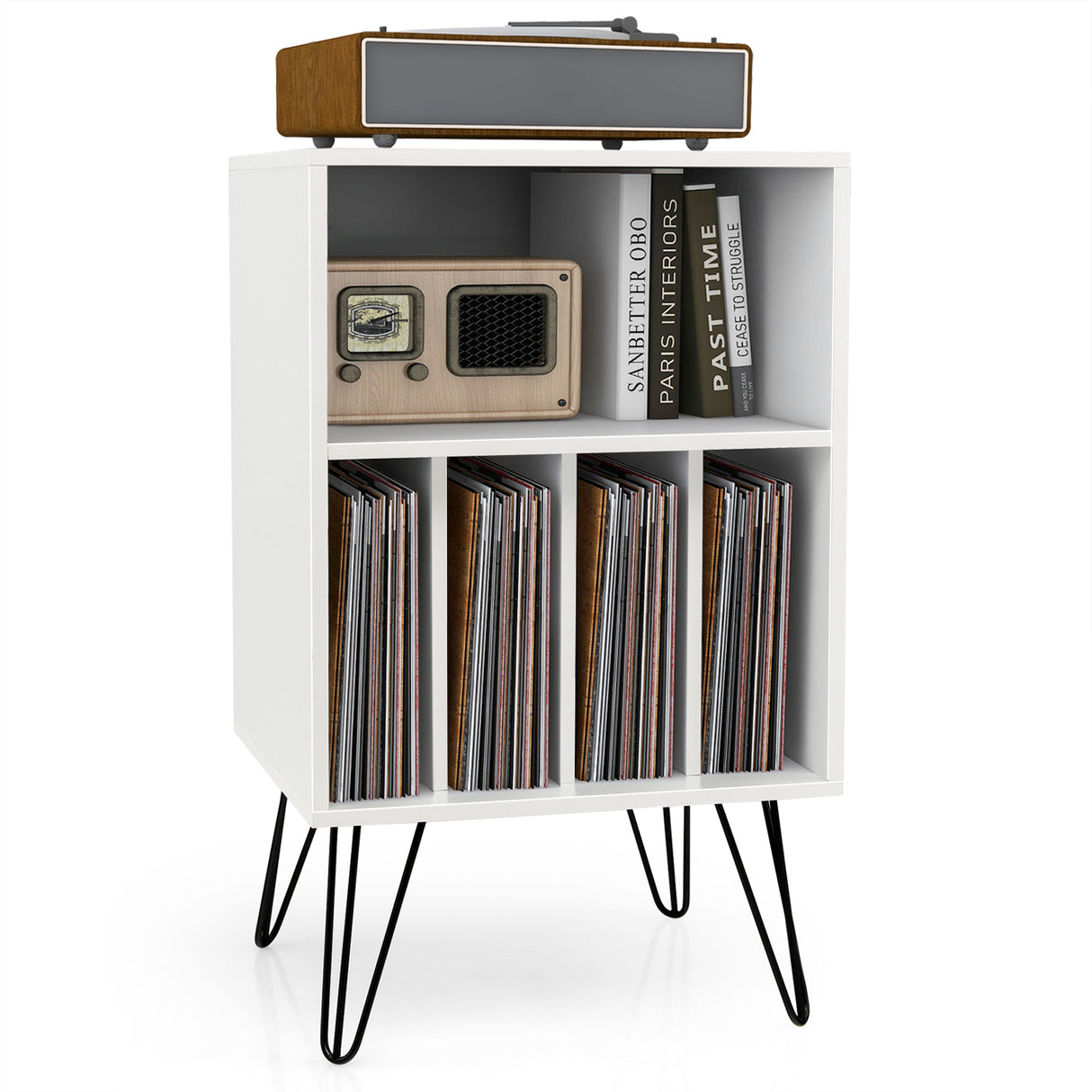 Freestanding Record Player Stand Storage Cabinet with Metal Legs