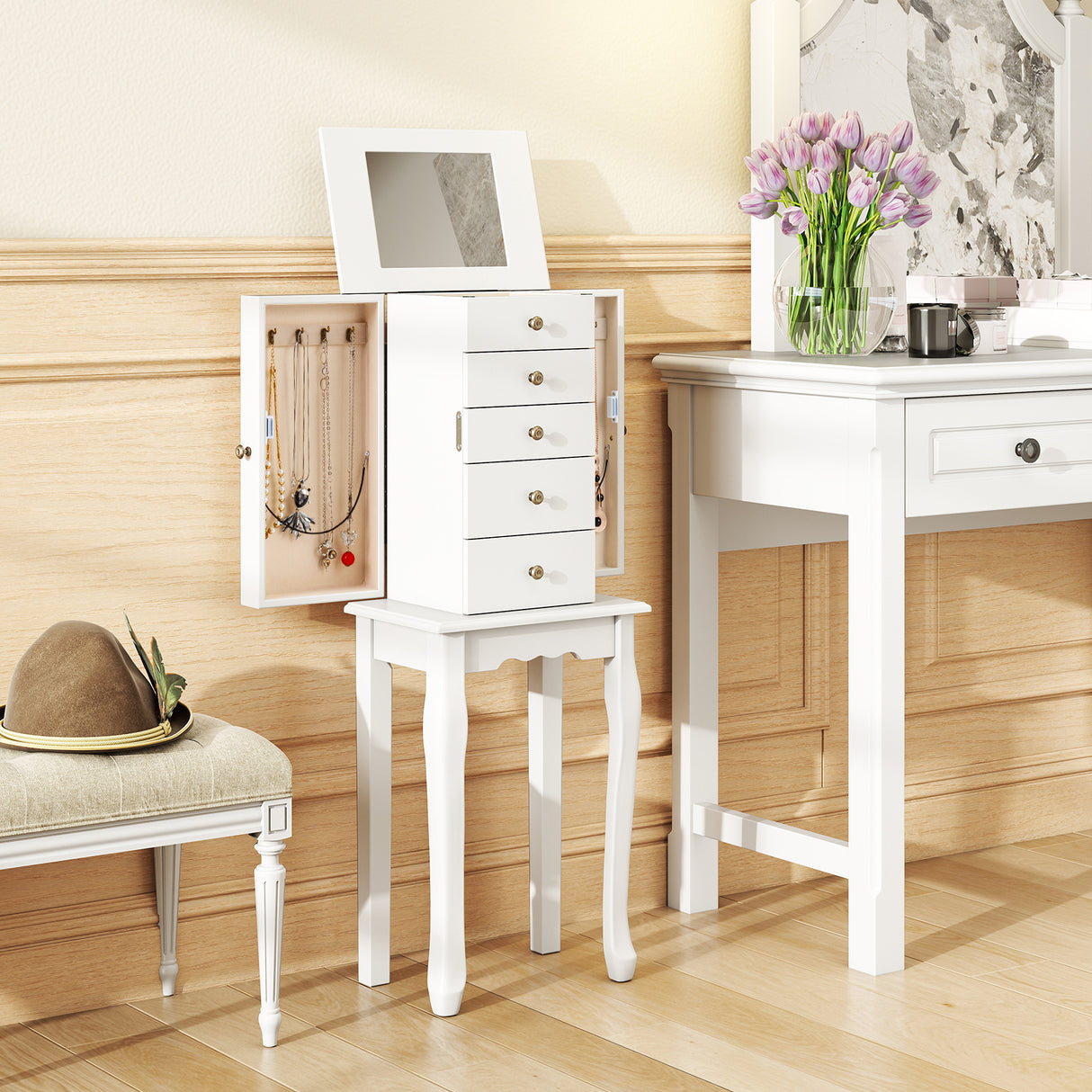 2 Colors Armoire Storage Standing Jewelry Cabinet with Mirror