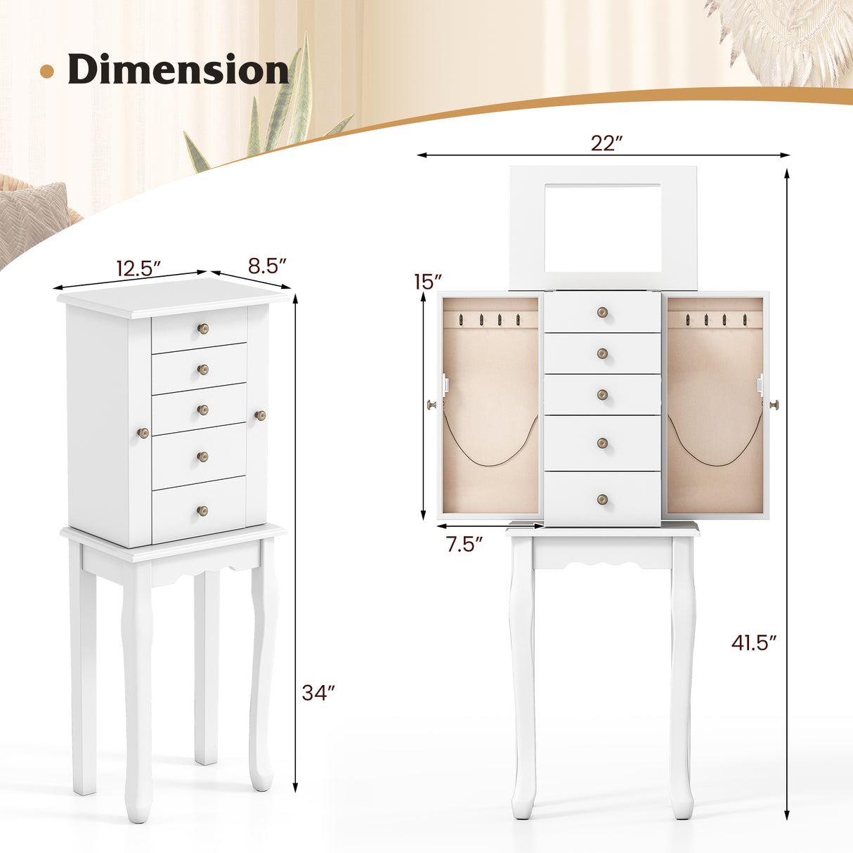 2 Colors Armoire Storage Standing Jewelry Cabinet with Mirror