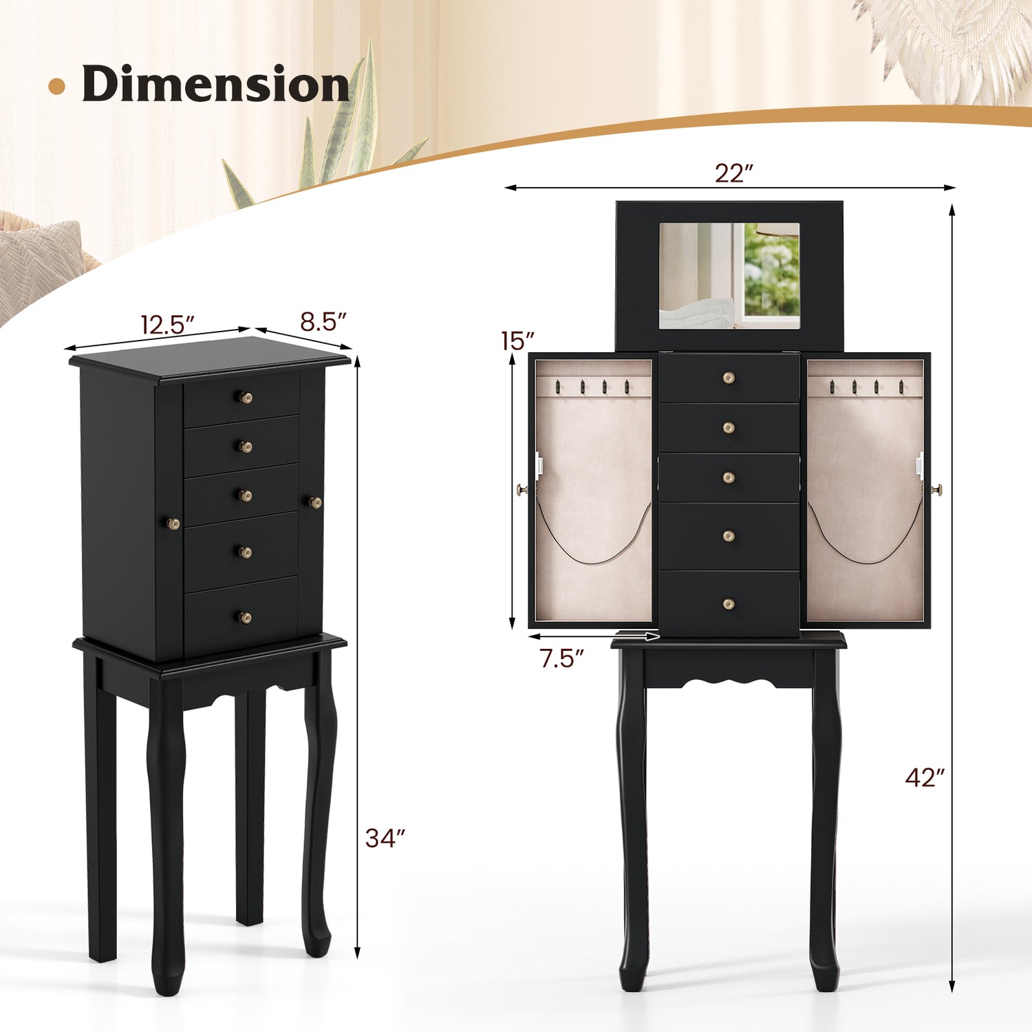 2 Colors Armoire Storage Standing Jewelry Cabinet with Mirror