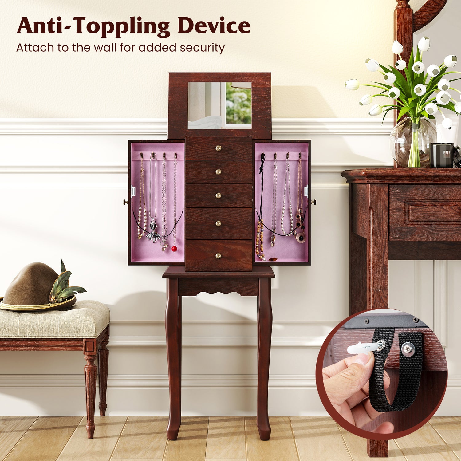 2 Colors Armoire Storage Standing Jewelry Cabinet with Mirror