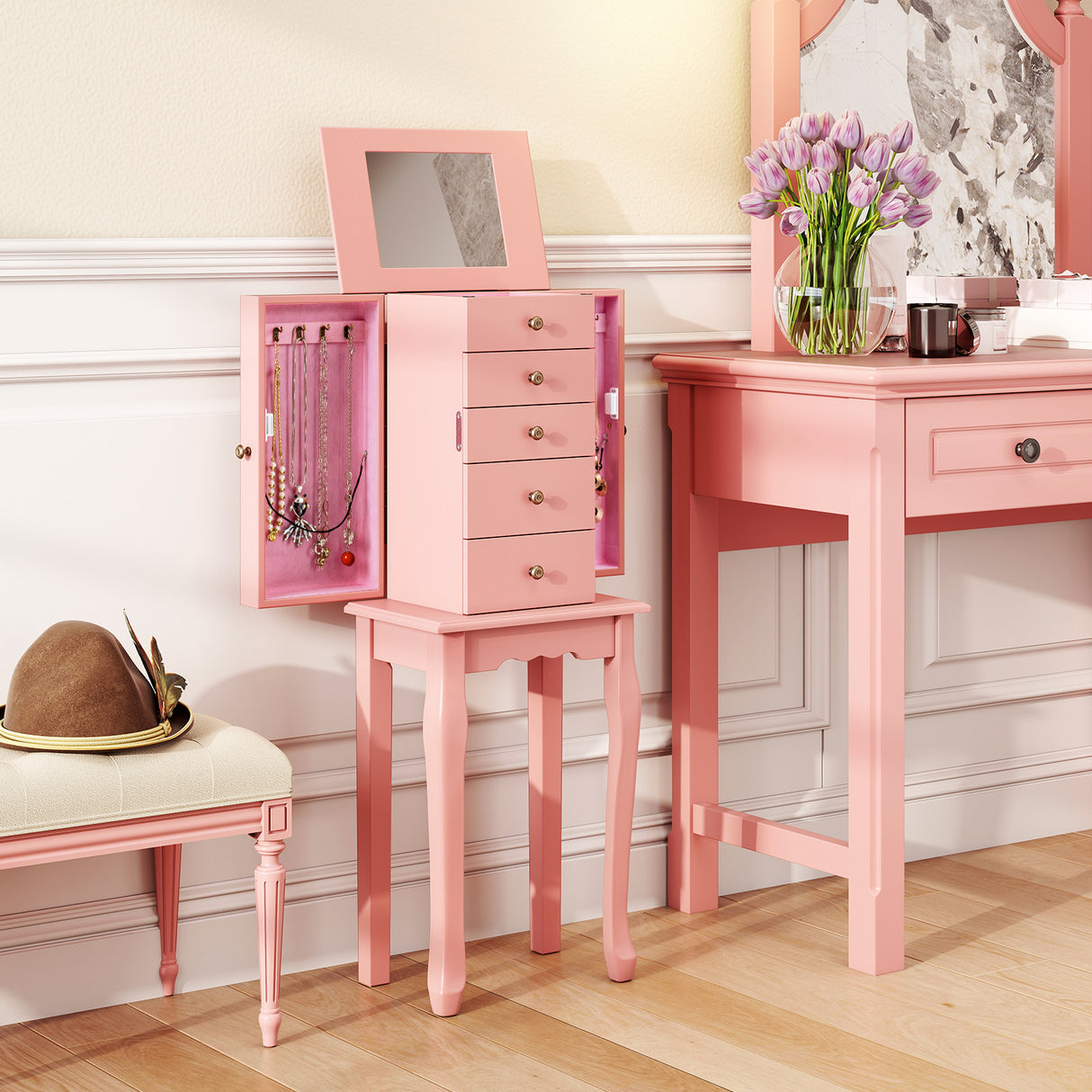 2 Colors Armoire Storage Standing Jewelry Cabinet with Mirror