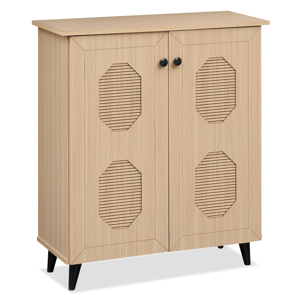 2âDoor GeometricâStyle Storage Cabinet Freestanding Footwear Organizer with Stylish Carved Panels-Natural