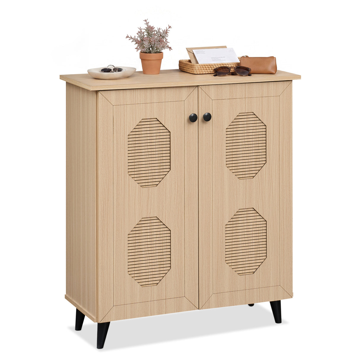 2âDoor GeometricâStyle Storage Cabinet Freestanding Footwear Organizer with Stylish Carved Panels-Natural
