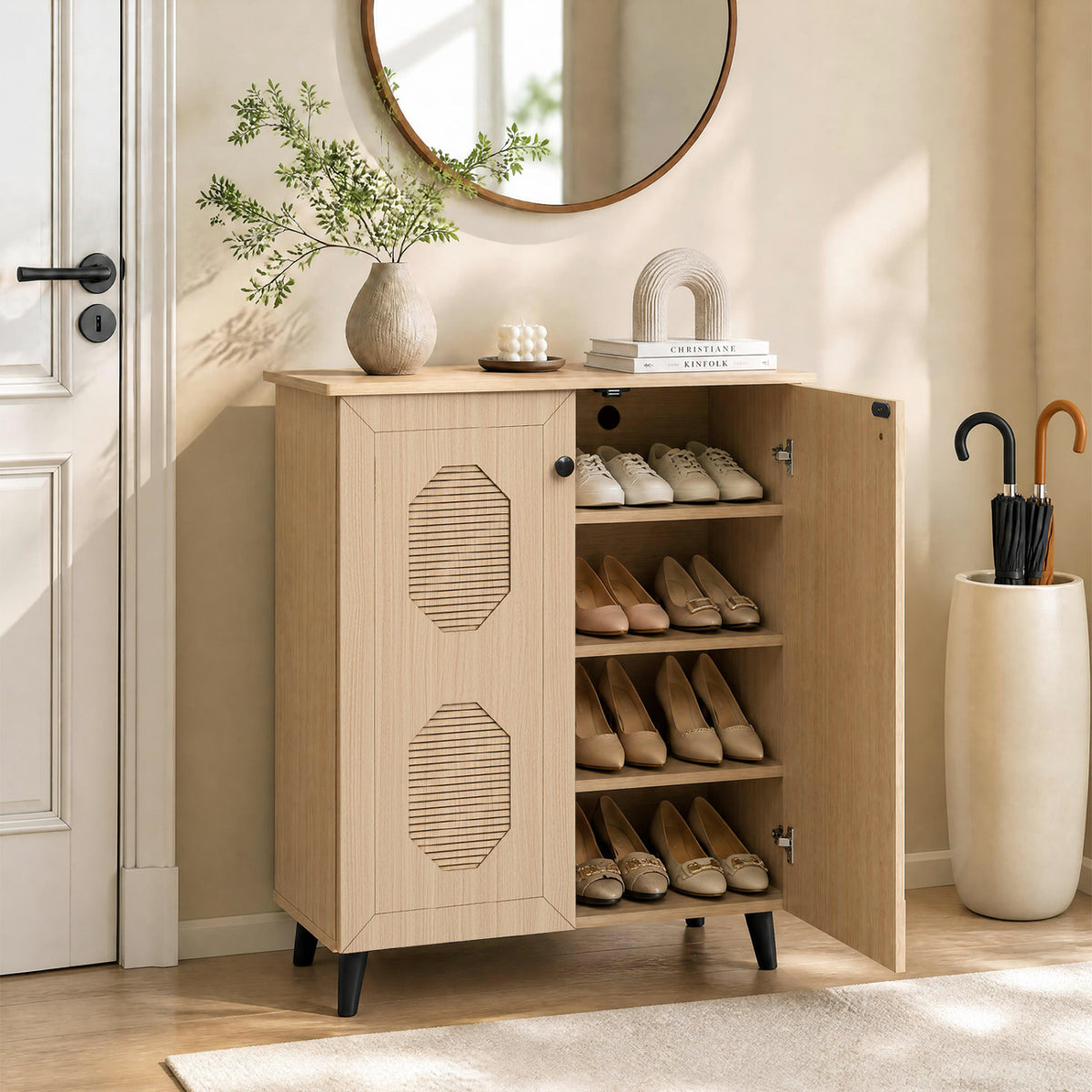 2âDoor GeometricâStyle Storage Cabinet Freestanding Footwear Organizer with Stylish Carved Panels-Natural