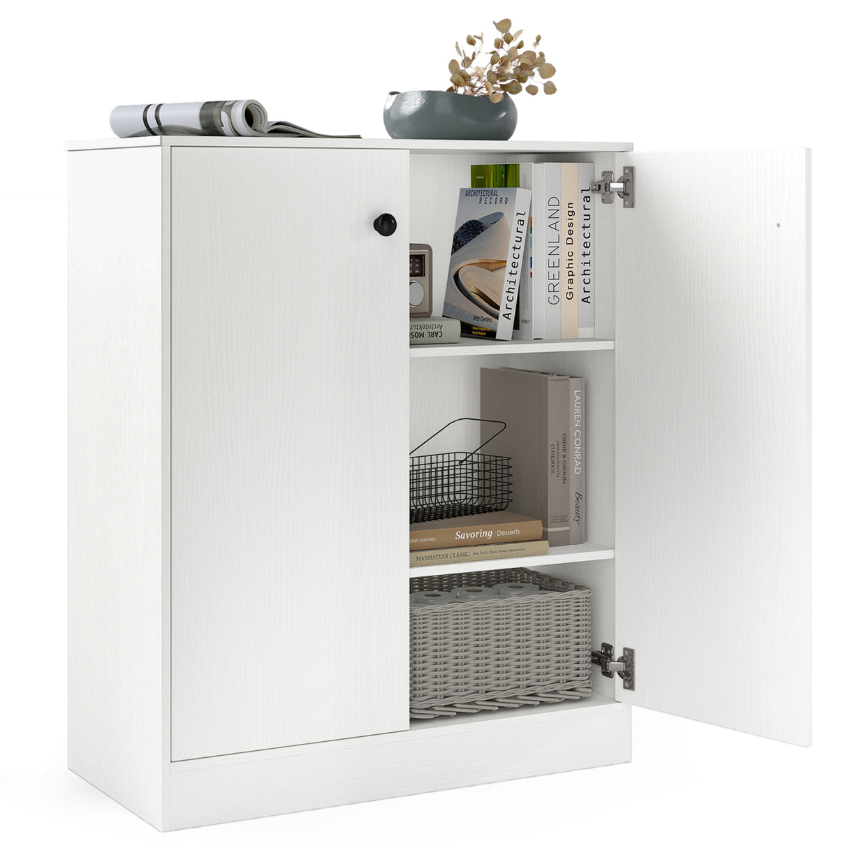 2 Door Storage Base Cabinet with 3-Tier Shelf-White