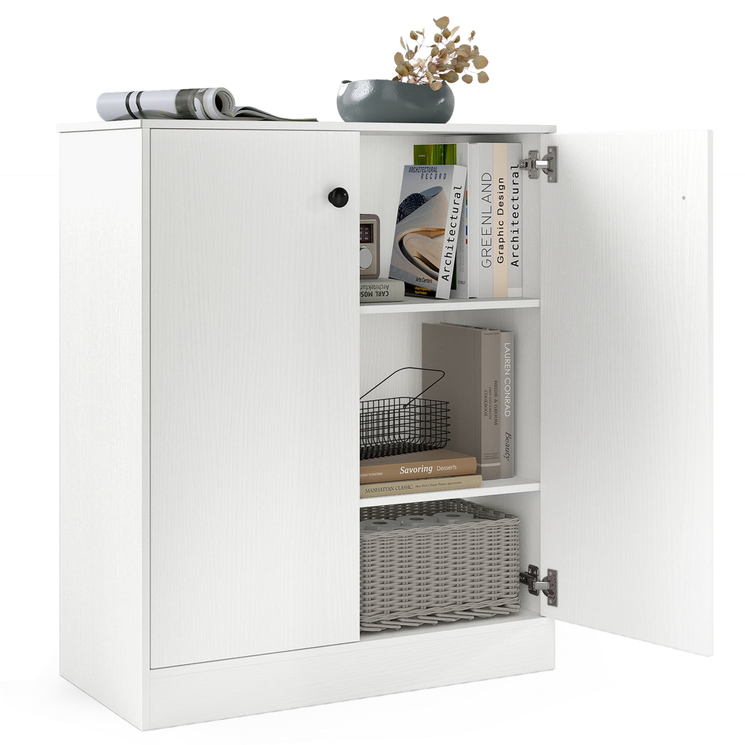 2 Door Storage Base Cabinet with 3-Tier Shelf-White