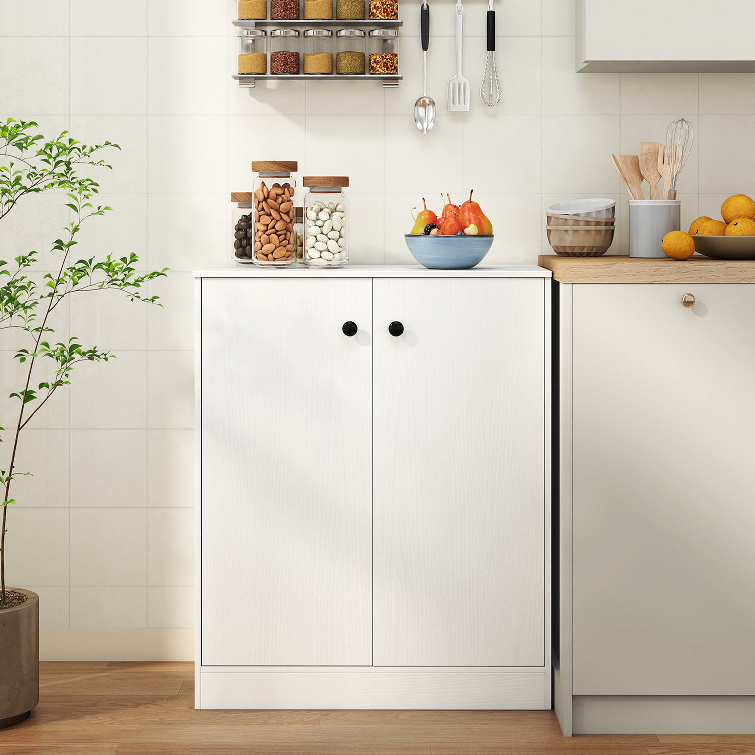 2 Door Storage Base Cabinet with 3-Tier Shelf-White