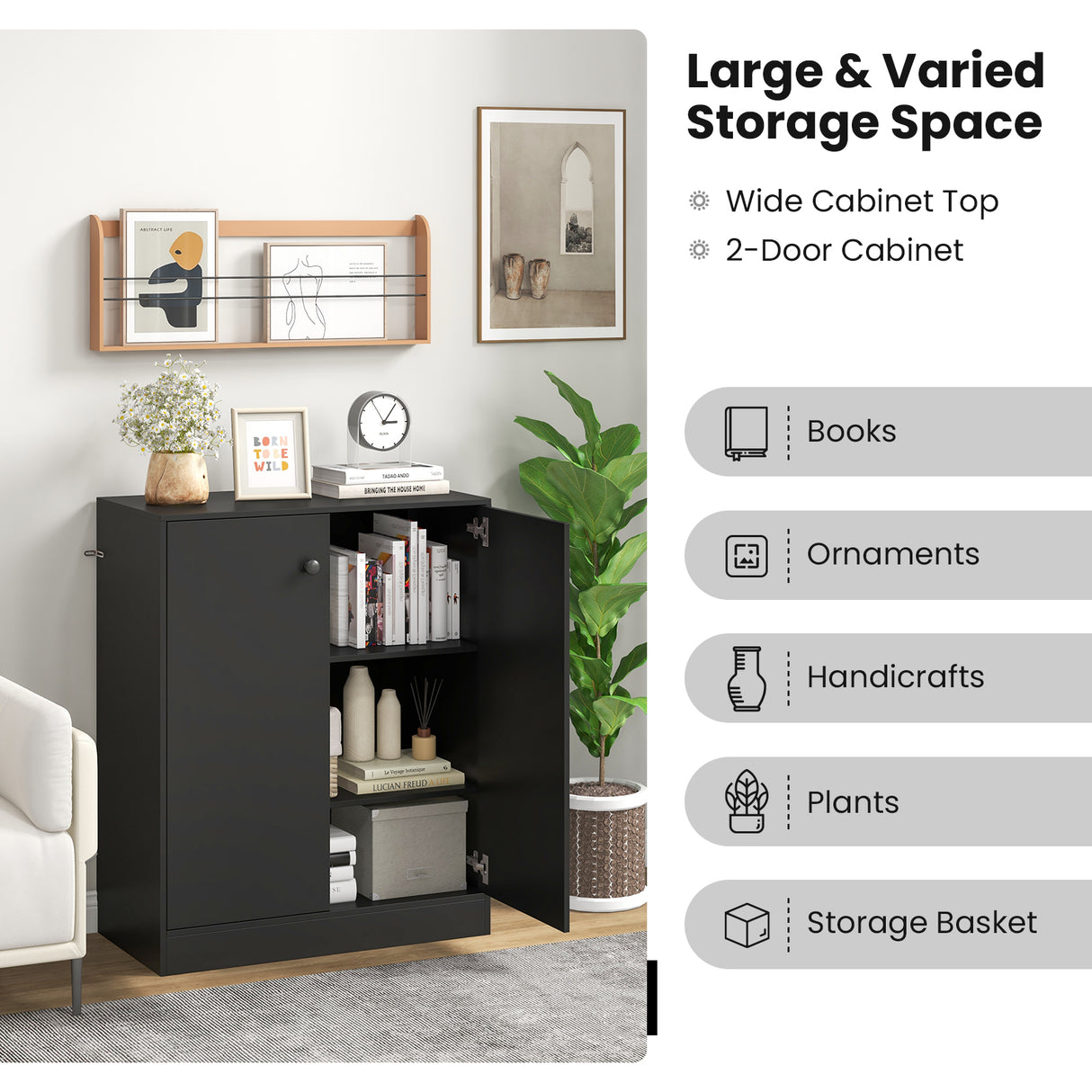 2-Door Modern Floor Storage Cabinet with 3-Tier Shelf
