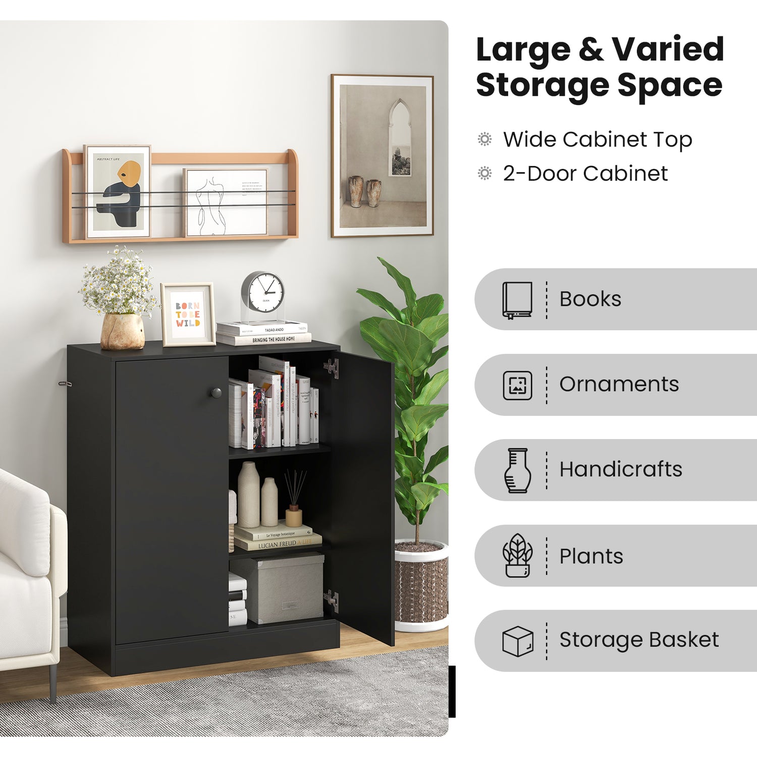 2-Door Modern Floor Storage Cabinet with 3-Tier Shelf