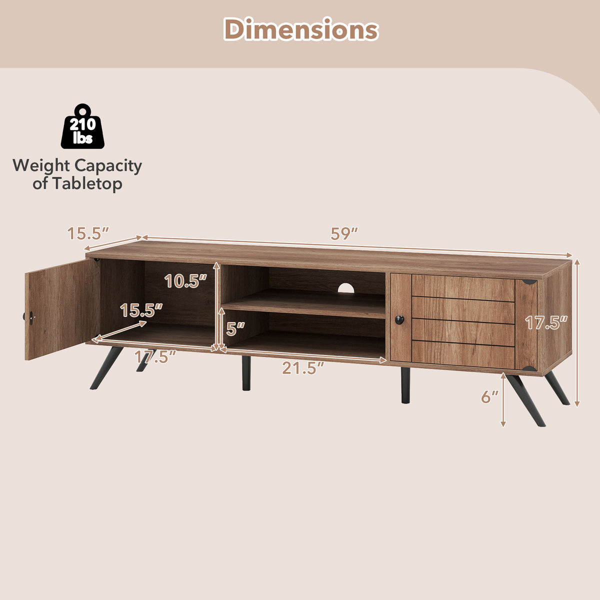 2-Door TV Stand for TVs up to 65 Inch with Open Shelves-Oak
