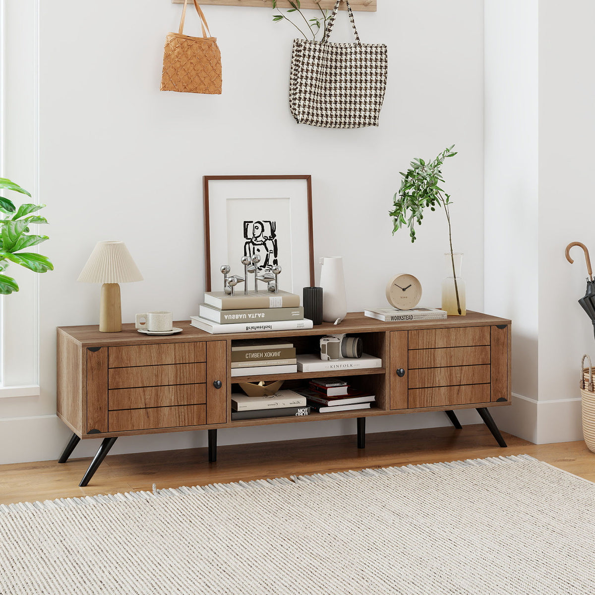 2-Door TV Stand for TVs up to 65 Inch with Open Shelves-Oak