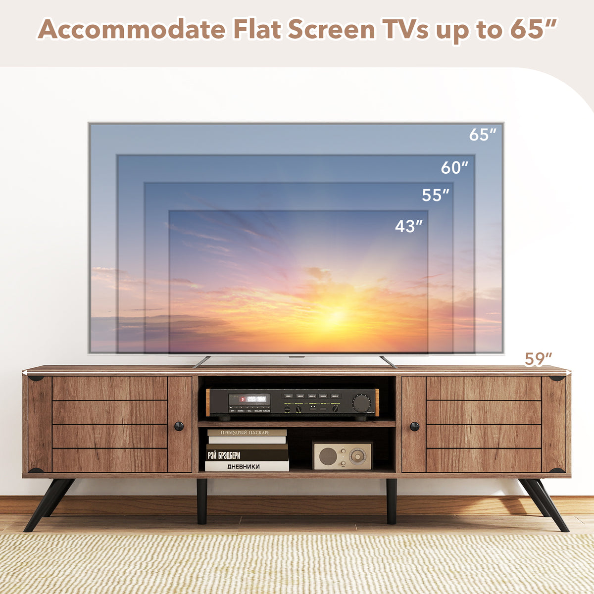 2-Door TV Stand for TVs up to 65 Inch with Open Shelves-Oak