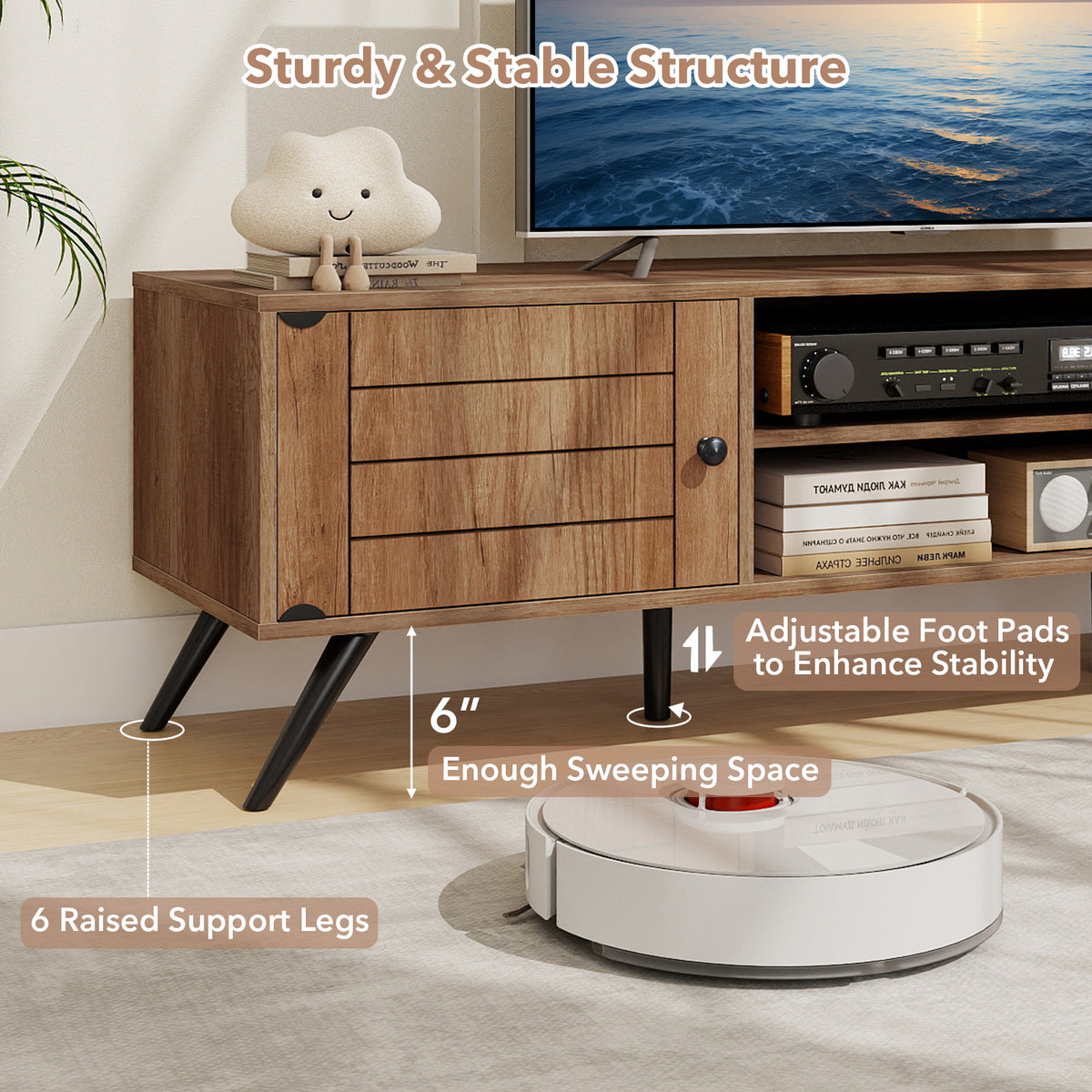 2-Door TV Stand for TVs up to 65 Inch with Open Shelves-Oak