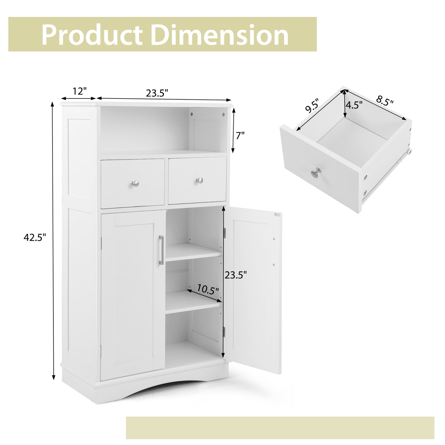 2 Doors Freeestanding Bathroom Floor Cabinet with 2 Drawers and Adjustable Shelves-White