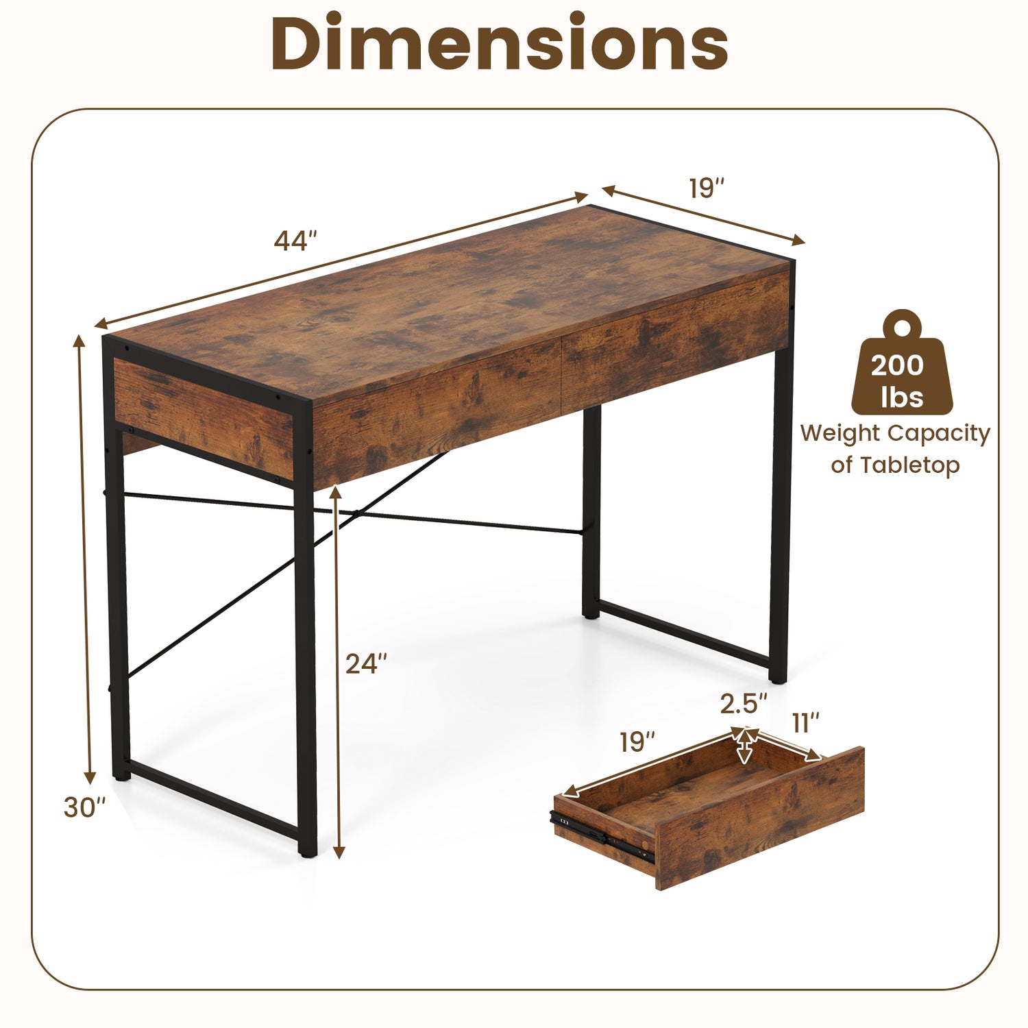 2-Drawer Home Office Desk with Steel Frame