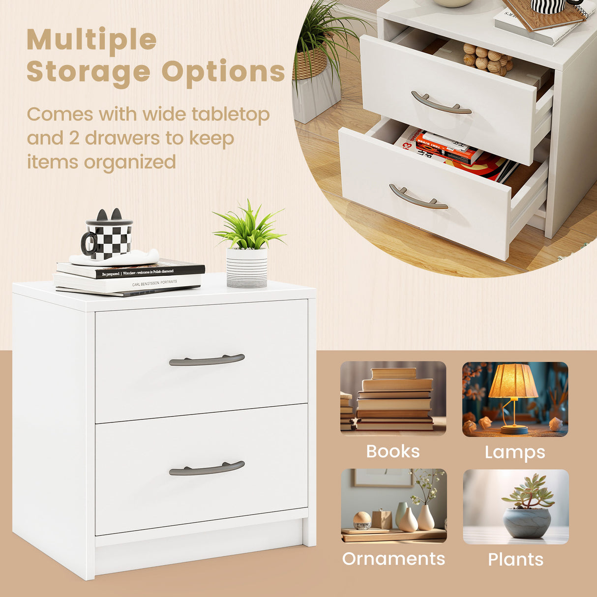 2 Drawer Nightstand with Storage for Living Room