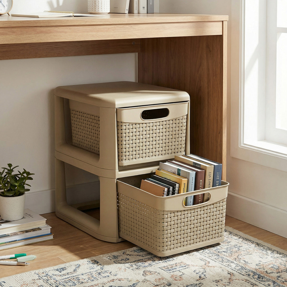 2-Drawer Storage Organizer with Wicker Patterns-Brown