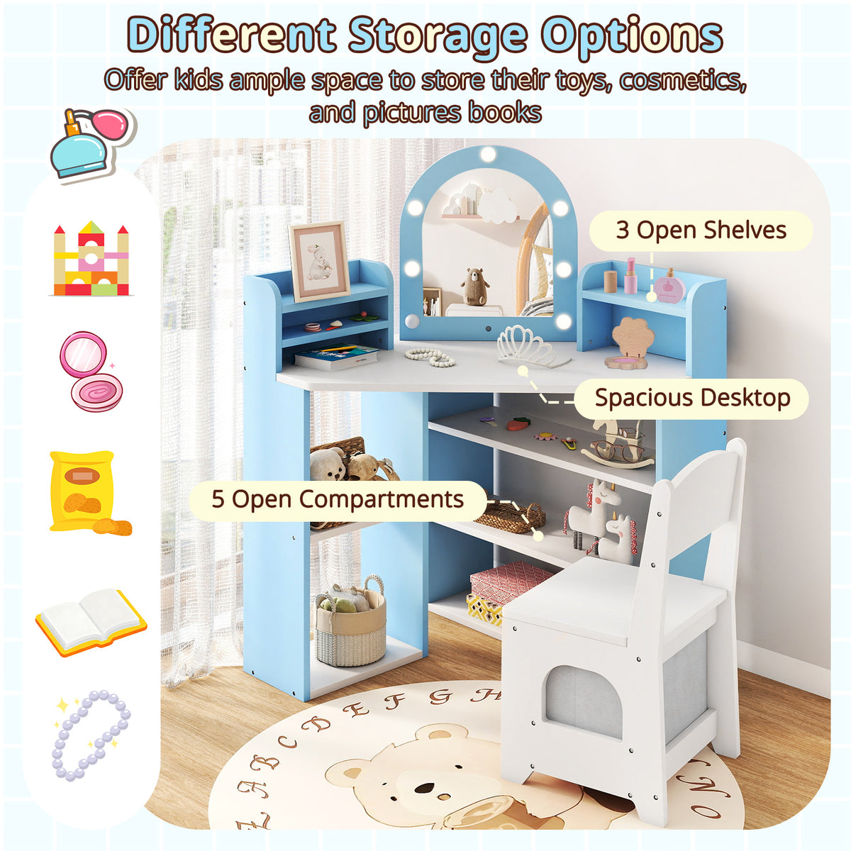 2-In-1 Kids Vanity Set with Lights for Toddlers 3+ Years Old