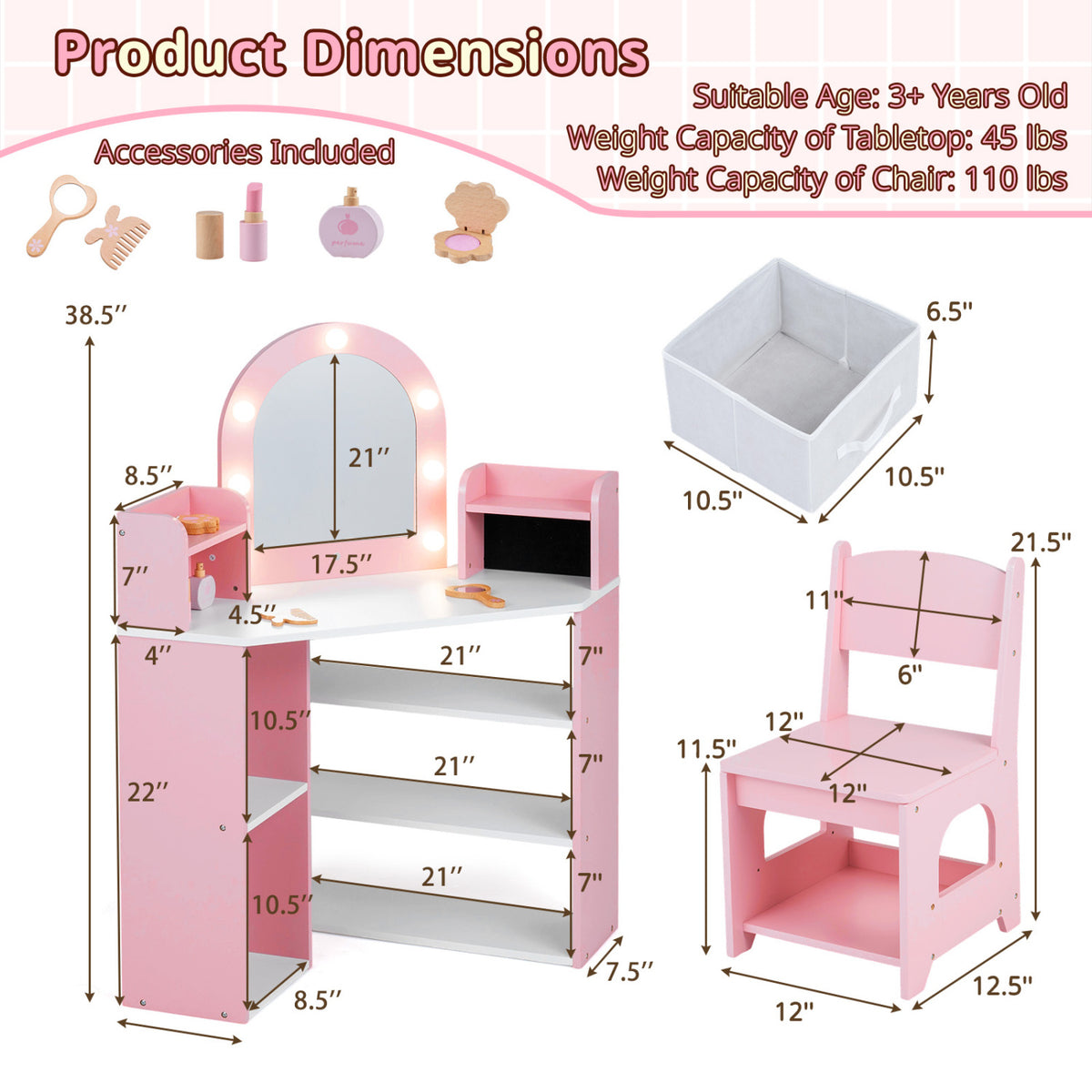2-In-1 Kids Vanity Set with Lights for Toddlers 3+ Years Old