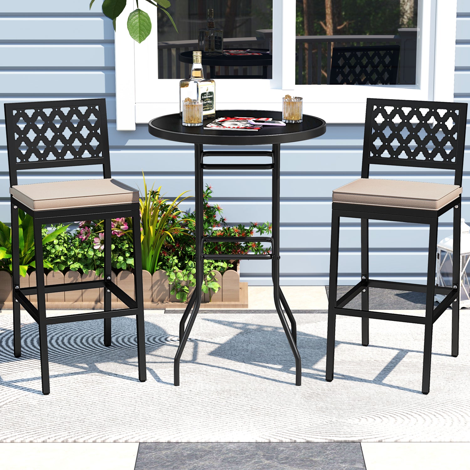 Set of 2 Patio Bar Chairs with Detachable Cushion and Footrest