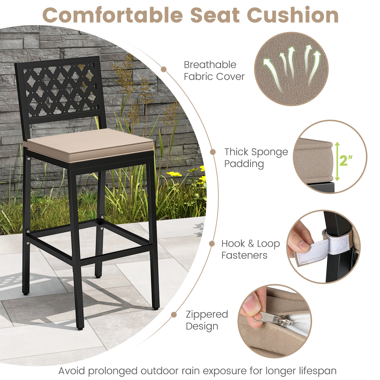 Set of 2 Patio Bar Chairs with Detachable Cushion and Footrest