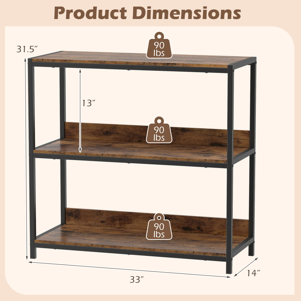 2-Pack 3-Tier Industrial Bookshelf with Metal Frame-Rustic Brown