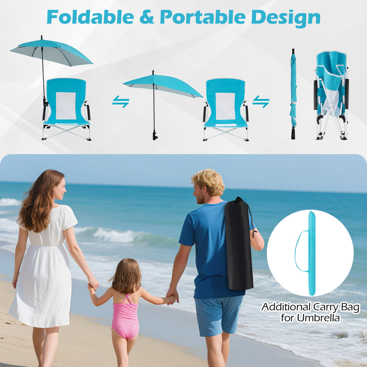 2 Pack Beach Umbrella Chair for Adults with Adjustable Parasol