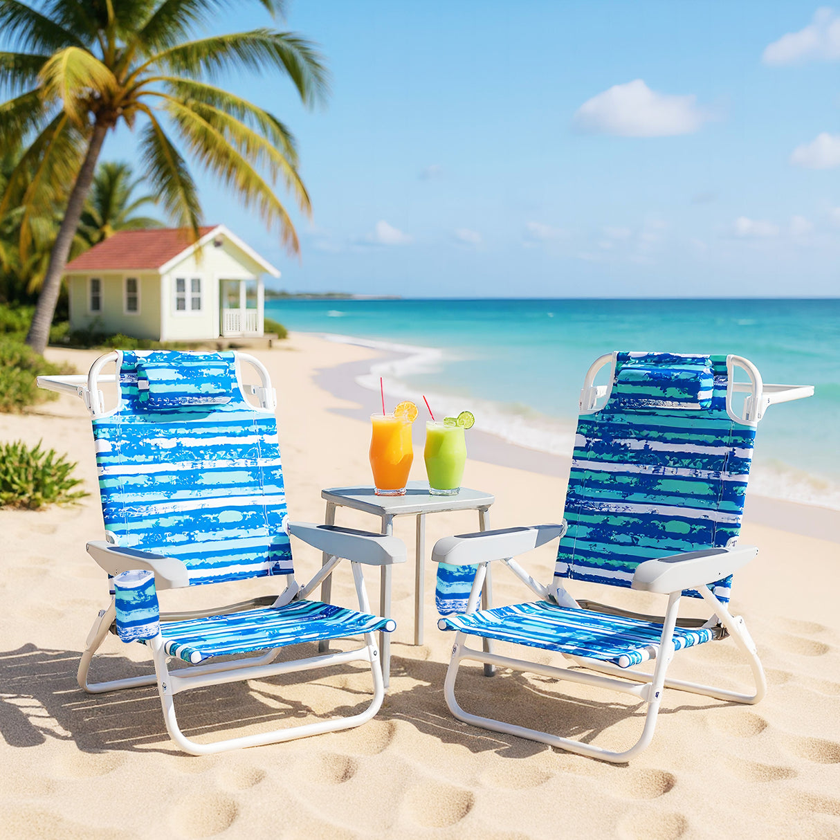2 Pack Folding Beach Chair with Adjustable Positions and Head Pillow