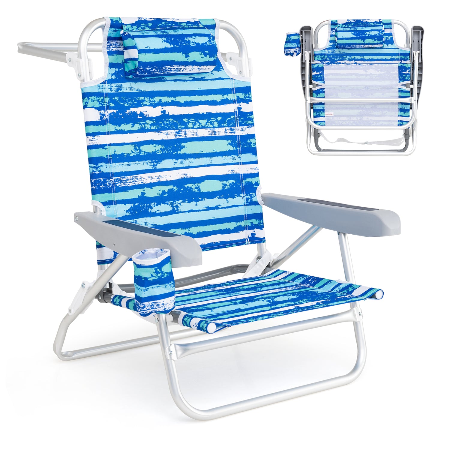 2 Pack Folding Beach Chair with Adjustable Positions and Head Pillow