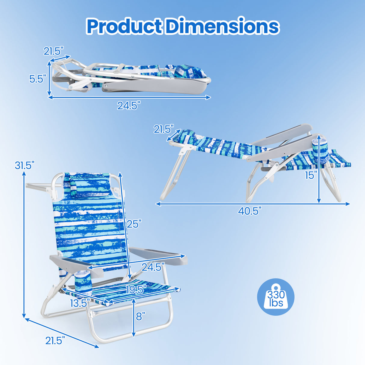 2 Pack Folding Beach Chair with Adjustable Positions and Head Pillow