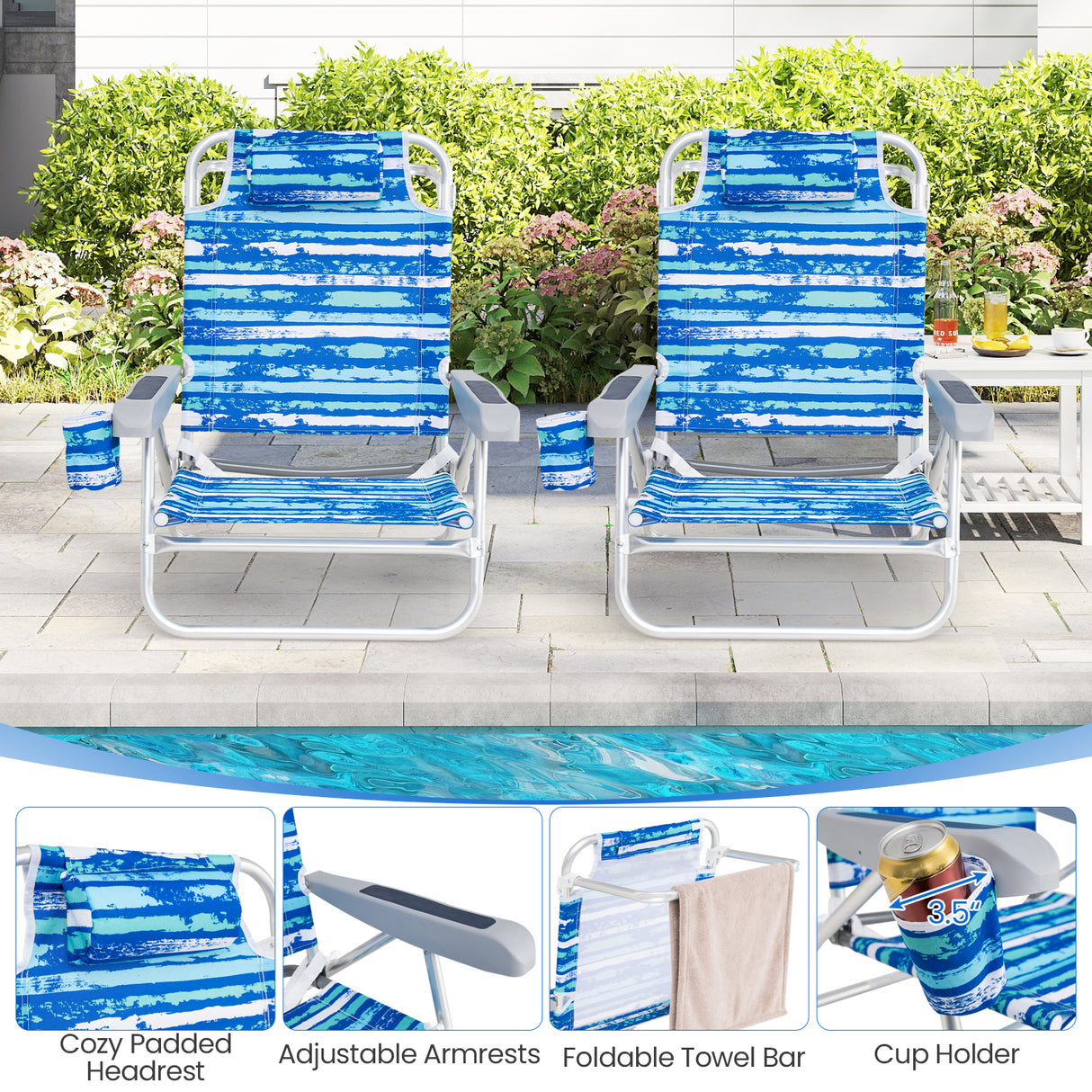 2 Pack Folding Beach Chair with Adjustable Positions and Head Pillow