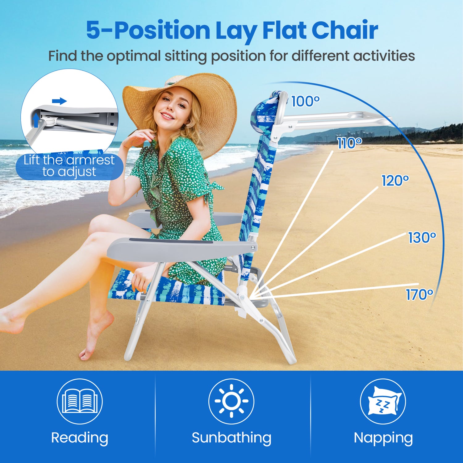 2 Pack Folding Beach Chair with Adjustable Positions and Head Pillow