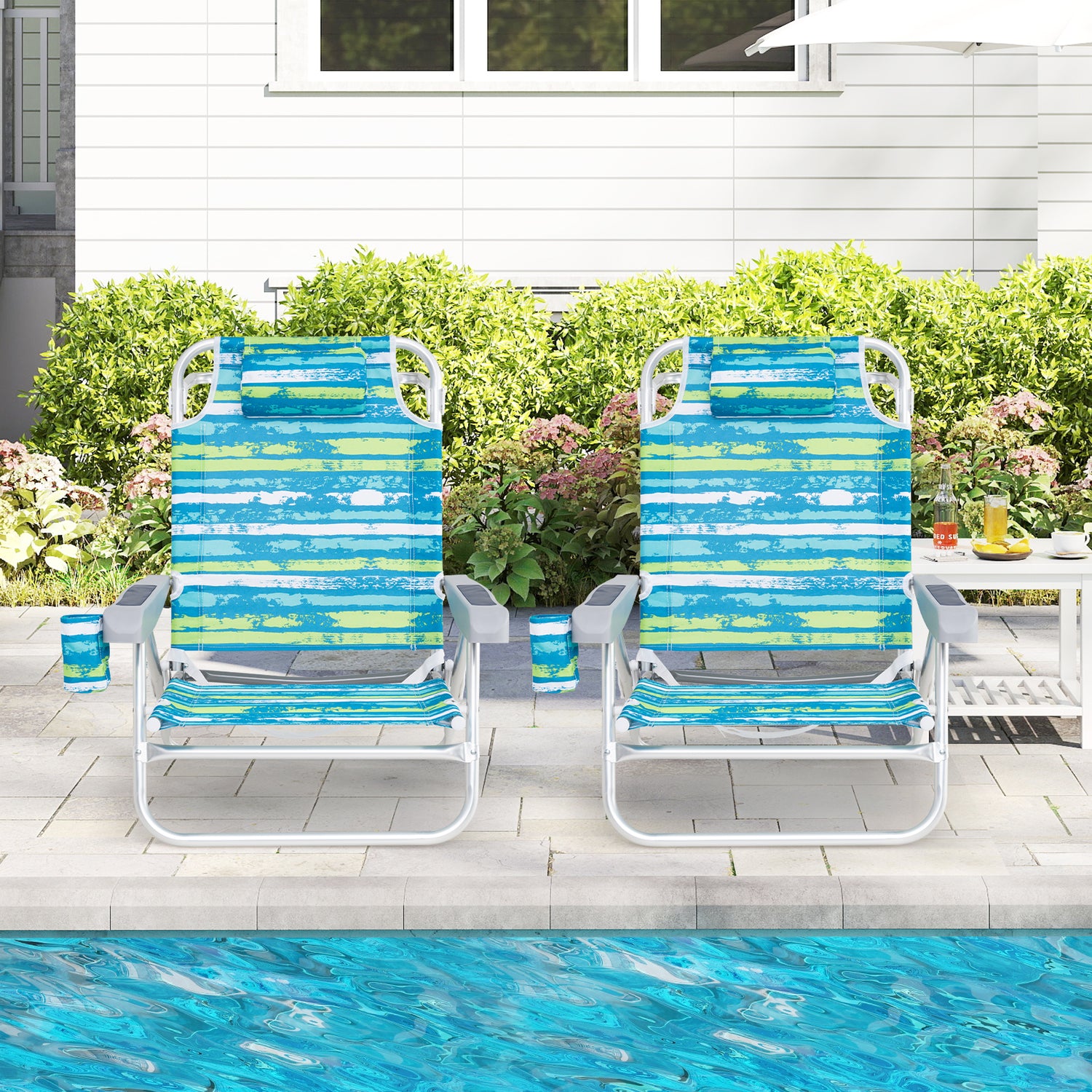 2 Pack Folding Beach Chair with Adjustable Positions and Head Pillow