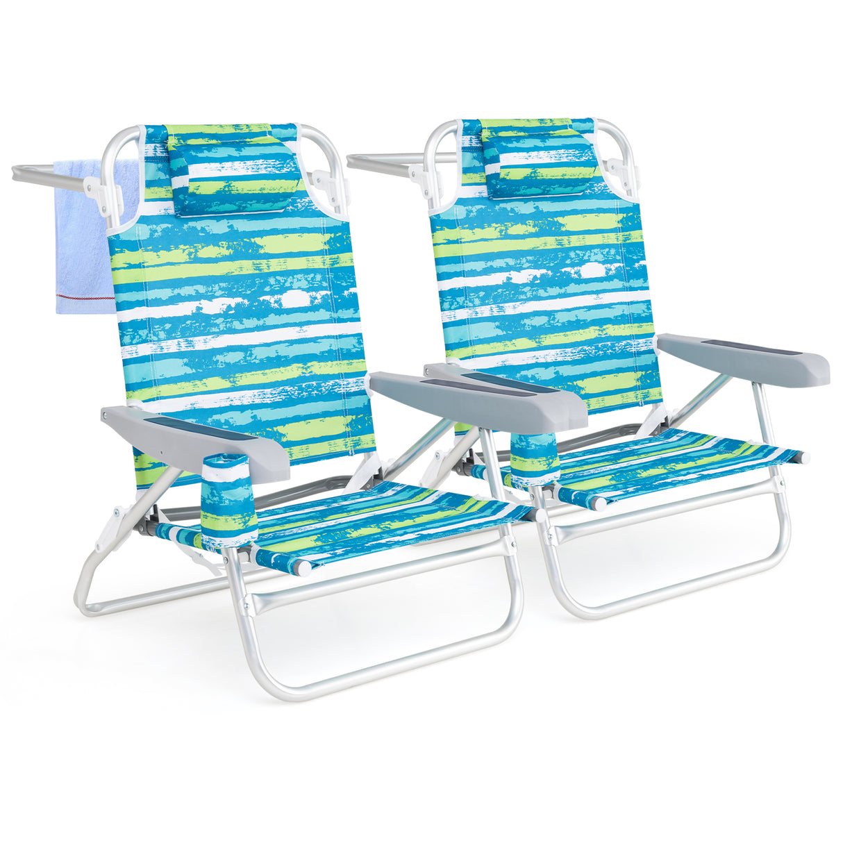 2 Pack Folding Beach Chair with Adjustable Positions and Head Pillow