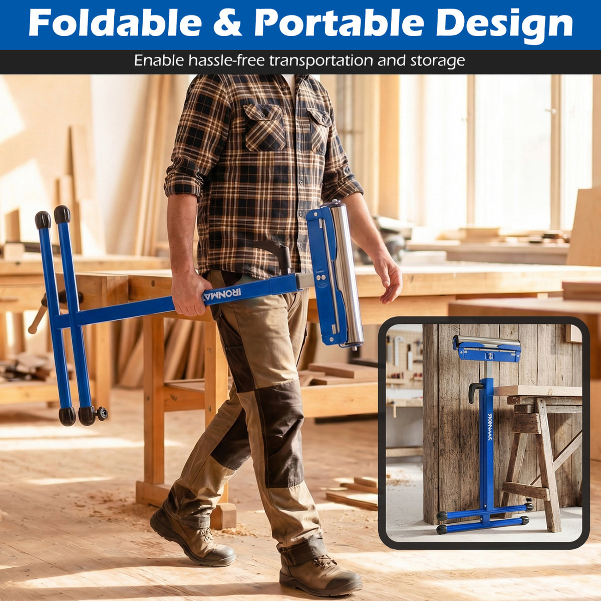 2-Pack Folding Roller Stands Portable Outfeed Supports with Adjustable Height