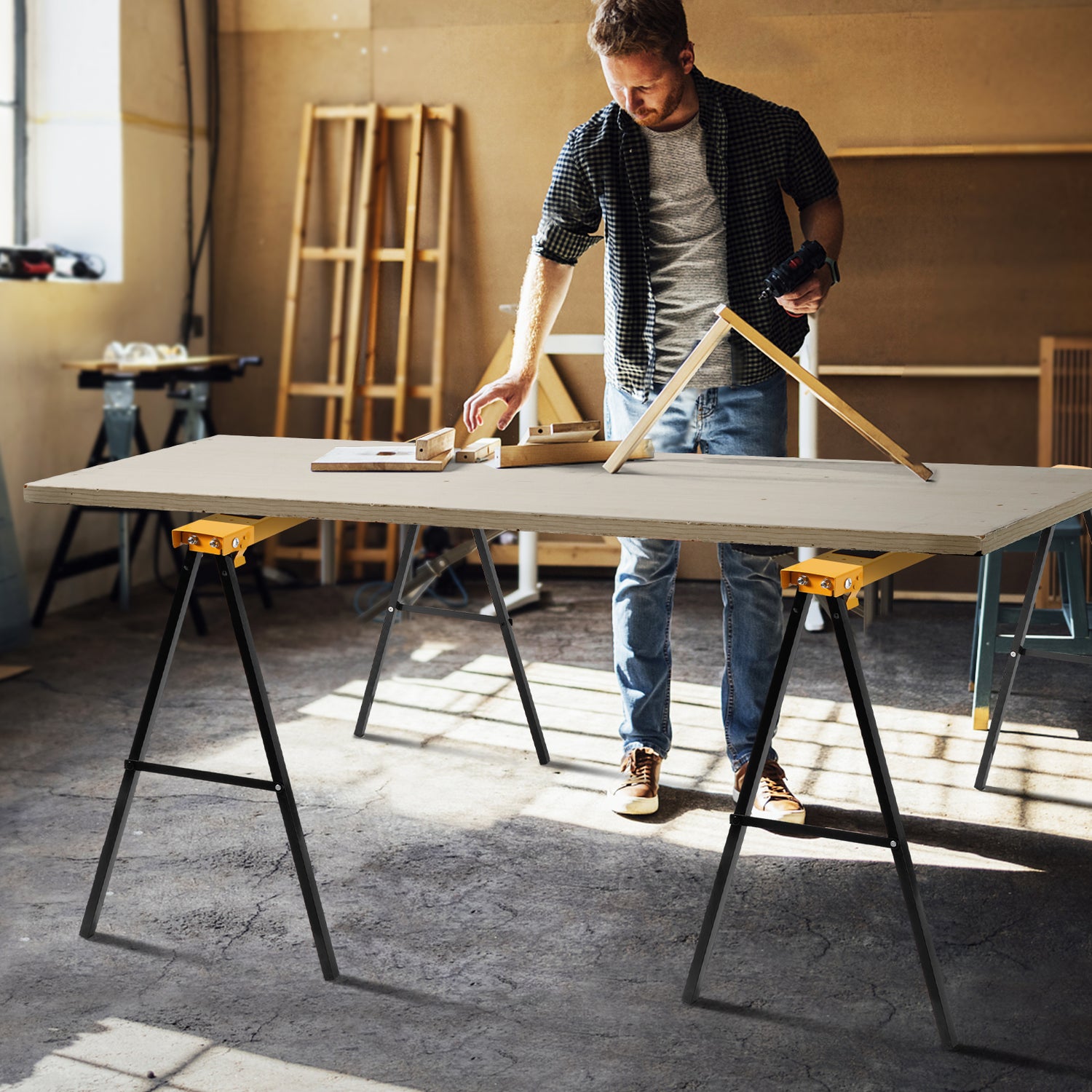2 Pack Heavy Duty Sawhorse with Steel Folding Legs