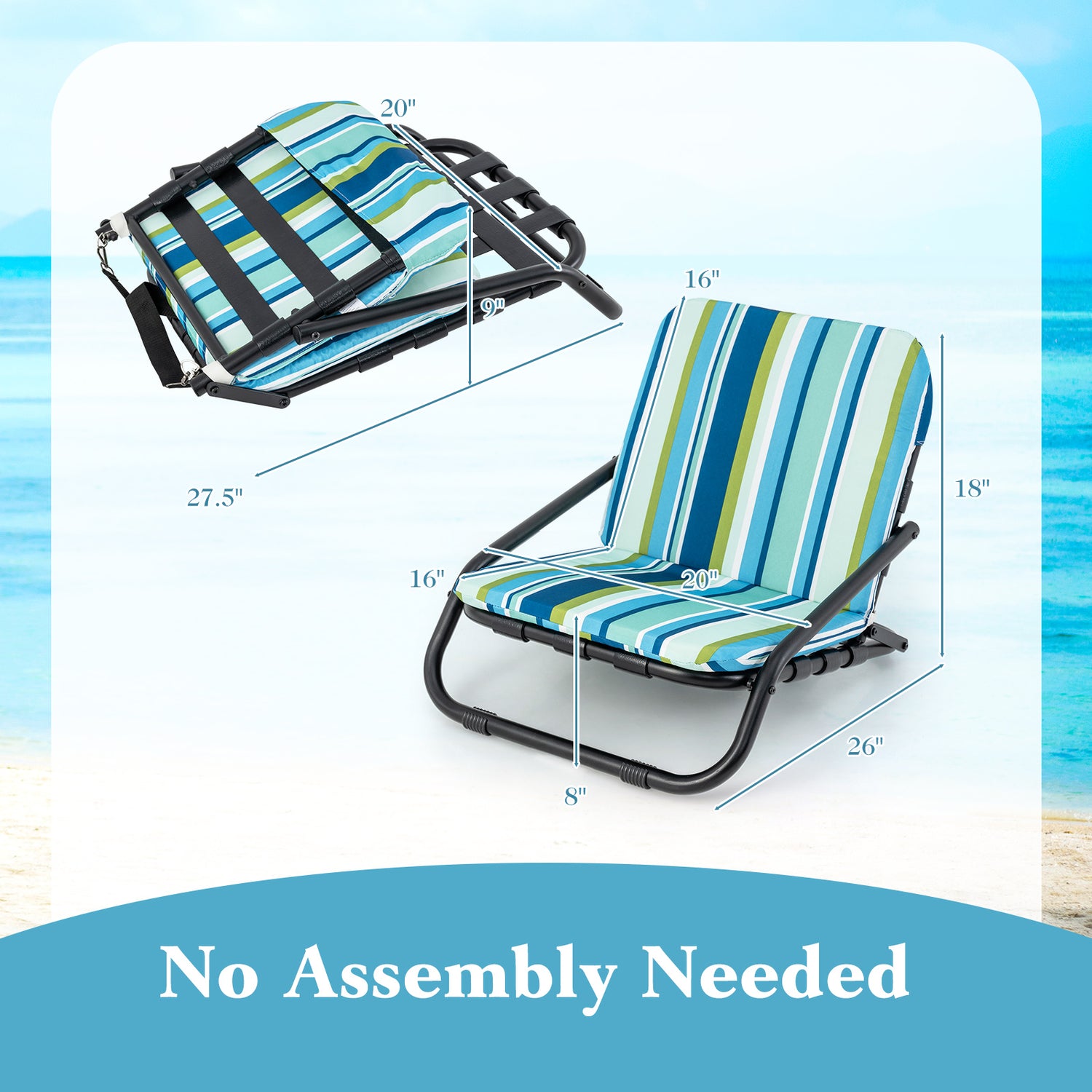 2 Pack Low Folding Beach Chairs for Adults with Cushion-Blue